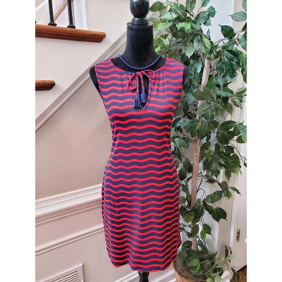 Tommy Bahama Red Navy Blue Sea Swell Split Neck Spa Dress Tassel Ties Size Small - Picture 13 of 13